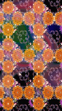 Küçük çiçekteki sevimli çiçek deseni. Birçok turuncu ve siyah soyut çiçekli tropik, pürüzsüz bir desen. Varicoloorange ve siyah raster pürüzsüz çizim.