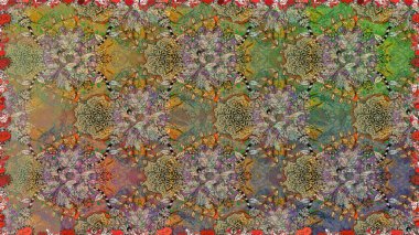 Asya tekstil tarzında. Düz Çiçek Elementleri Tasarımı. Renkli Bahar Temalı Kusursuz Arkaplan. Kusursuz çiçek deseni. Kahverengi renkli çiçekler. Raster illüstrasyonu.