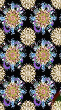 Kusursuz bir arka plan modeli. Raster - stok. Yapraklı çiçekler ve siyah renkli papatya çiçekleri..