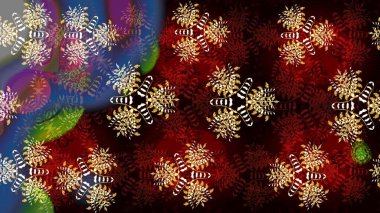 Raster illüstrasyonu. Kusursuz çiçek deseni. Asya tekstil tarzında. Düz Çiçek Elementleri Tasarımı. Siyah ve kırmızı renkte çiçekler. Renkli Bahar Teması Kusursuz Arkaplan.