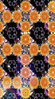 Çiçeksiz desenli arka plan. Siyah renkli çiçekler. Düz Çiçek Elementleri Tasarım Raster illüstrasyonu. Renkli Bahar Teması Kusursuz Arkaplan.