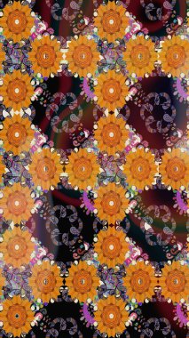 Hediye ambalaj kağıdı, tebrik kartları, posterler ve pankart tasarımı. Turuncu renkli çiçekler. Raster düz çiçekleri pürüzsüz desen.