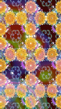 Raster Illustrasyon 'da moda olmayan çiçek deseni. Renkli Yaz Temalı Kusursuz Arkaplan. Düz Çiçek Elementleri Tasarımı. Kahverengi renkte çiçekler.