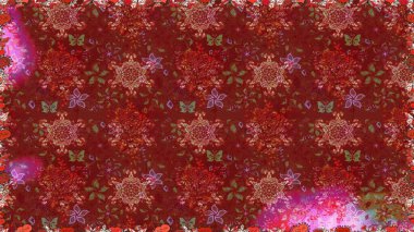 Raster - stok. Kusursuz bir arka plan modeli. Yapraklı çiçekler ve kırmızı renkli papatya çiçekleri..