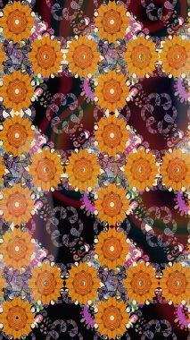 Hediye ambalaj kağıdı, tebrik kartları, posterler ve pankart tasarımı. Turuncu renkli çiçekler. Raster düz çiçekleri pürüzsüz desen.