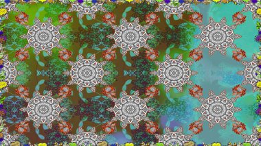 Çok yeşil zarif küçük çiçekler ve yeşil renkli komik böcekler, raster desen, illüstrasyon.