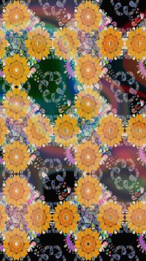 Düz Çiçek Elementleri Tasarımı. Renkli Yaz Temalı Kusursuz Arkaplan. Raster çiçekli arka plan. Yazdır. Güzel kumaş deseni. Sevimli, pürüzsüz desen.