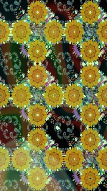 Zarif, pürüzsüz desenli, sarı renkli etnik çiçekler. Asya Tekstil 'inde Raster Çiçek İllüstrasyonu.