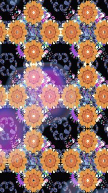 Çiçekli, siyah, pürüzsüz desen. Raster çiçek izi. Raster Yumuşak kumaş deseni. Klasik taslak çizimi.