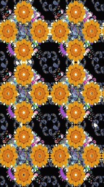 Raster çiçek izi. Çiçekli, siyah, pürüzsüz desen. Klasik taslak çizimi.