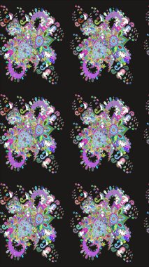 Raster illüstrasyonu. Çiçek ve yapraklı karalama şeklinde Raster çiçek deseni. Gri renkte bahar çiçekleri..