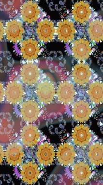 Raster illüstrasyonu. Tarafsız ve sarı kıvırcık çiçekler, tarafsız ve sarı renklerde şekillenir. Klasik çiçek tasarım elementleri.