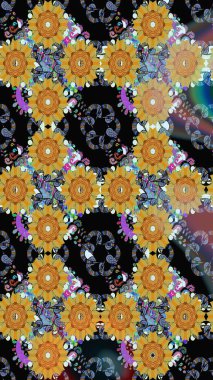 Renkli Bahar Temalı Kusursuz Arkaplan. Siyah ve sarı renkli çiçekler. Sevimli çiçek raster deseni. Düz Çiçek Elementleri Tasarımı.