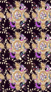 Raster illüstrasyonu. Çiçeklerle suluboya desenli çiçek deseni. Siyah renklerde Asya tekstili.