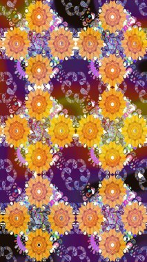 Raster düz çiçekleri pürüzsüz desen. Sarı ve mor renkli çiçekler. Tasarım hediye paketi, tebrik kartları, posterler ve afiş tasarımı.