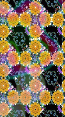 Çiçek ve yapraklı karalama şeklinde Raster çiçek deseni. Raster illüstrasyonu. Sarı ve mavi renklerde bahar çiçekleri..