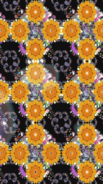 Renkli Bahar Temalı Kusursuz Arkaplan. Düz Çiçek Elementleri Tasarımı. Gri ve sarı renkli çiçekler. Raster illüstrasyonunda kusursuz çiçek deseni.