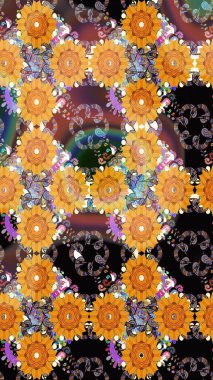 Sarı ve kahverengi renkte çiçekler. Raster illüstrasyonunda kusursuz çiçek deseni.