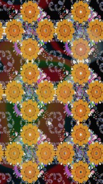 Kahverengi ve sarı renklerde etnik çiçeklerle kusursuz bir desen. Raster Çiçek İllüstrasyonu güzel tekstil..