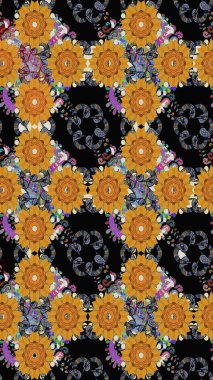 Raster illüstrasyonu. Siyah ve turuncu renkli şirin tekstil. Renkli, pürüzsüz desen. Çiçek duvar kâğıdı. Çiçek arka planı.
