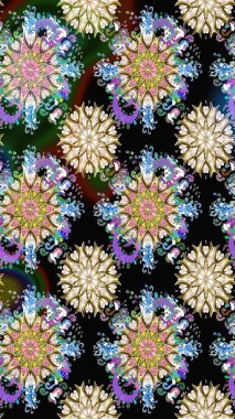 Raster illüstrasyonu. Siyah ve nötr renklerde Asya tekstil tarzında. Çiçeklerle suluboya desenleri.