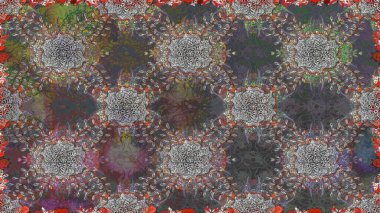 Colour Spring Theme seamless pattern Background. Flat Flower Elements Design. Raster illustration. Flowers on gray and brown colors. Seamless flowers pattern. In asian textile style.