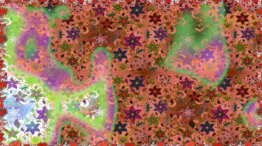 Raster floral pattern in doodle style with flowers. Flowers on brown and orange colors. Gentle, tender floral background.