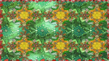 Nakış desenli çiçek deseni. Parmak izi, kumaş, duvar kâğıdı, tekstil için raster dokusu. Renkli grunge, yeşil ve kahverengi çiçeklerle soyut arkaplanı zenginleştirir.