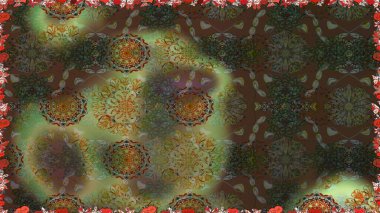 Çiçekli, pürüzsüz bir desen. Raster çiçekleri klasik tarzda çizilmiş. Kahverengi ve yeşil renklerde bahar çiçekleri. Raster illüstrasyonu.