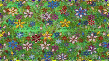 Yeşil ve kahverengi renkli, parlak çiçekli, soyut, pürüzsüz desen. Çiçeksel elementlerle süslenmiş zarif raster dokusu. Küçük çiçekte şirin bir çiçek deseni var..