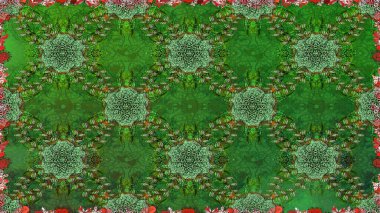 Raster illüstrasyonunda kusursuz çiçek deseni. Yeşil ve kahverengi renkli çiçekler. Renkli Bahar Temalı Kusursuz Arkaplan. Düz Çiçek Elementleri Tasarımı.