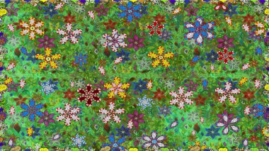 Raster düz çiçekleri pürüzsüz desen. Hediye ambalaj kağıdı, tebrik kartları, posterler ve pankart tasarımı. Yeşil ve kahverengi renkte çiçekler.