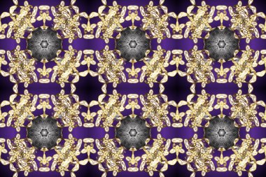 Raster illüstrasyonu. Klasik klasik klasik arka plan. Menekşe, bej ve gri renklerde altın elementlerle kusursuz desen. Kusursuz klasik raster altın desenli. Geleneksel oryantasyon süsü.