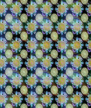 Çiçeksel fantezi tasarımı, parlak bir arka planda, kusursuz bir desen. Renkli Bahar Temalı Kusursuz Arkaplan. Düz Çiçek Elementleri Tasarımı.