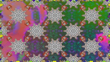 Raster illüstrasyonu. Asya tekstil tarzında. Raster illüstrasyonu. Gri ve yeşil renkli çiçekler. Kusursuz çiçek deseni.