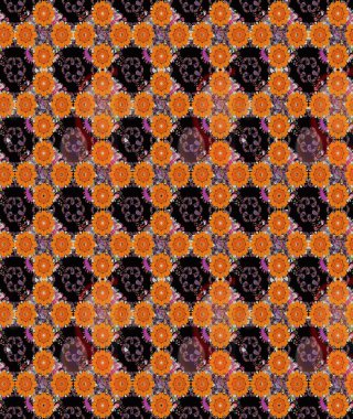 Turuncu ve siyah renkli çiçekler. Düz Çiçek Elementleri Tasarımı. Renkli Yaz Temalı Kusursuz Arkaplan. Çiçekli pürüzsüz retro desen.