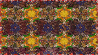 Raster deseni. Bahar çiçekleri dallı desen, kahverengi ve çiçek siluetiyle yeşil renkler.