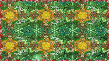 Yeşil ve kahverengi renkli şirin tekstil tarzında. Çiçek arkaplan. Raster illüstrasyonu. Çiçek duvar kâğıdı. Renkli çizim deseni.