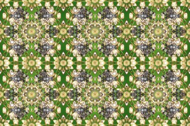 Süslü dekorasyon. Altın desenli yeşil, nötr ve bej renklerde altın elementler. Lüks, kraliyet ve Viktorya dönemi konsepti. Raster klasik barok çiçeksiz altın desenli..