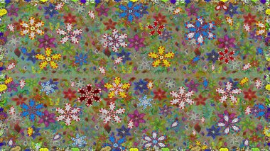 Renkli grunge soyut arka planda yakut yeşil ve nötr çiçeklerle gelişir. Parmak izi, kumaş, duvar kâğıdı, tekstil için raster dokusu. İşlemeli çiçek desenli..