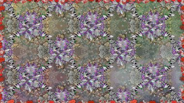 Çiçeksel fantezi tasarımı, parlak bir arka planda, kusursuz bir desen. Renkli Bahar Temalı Kusursuz Arkaplan. Düz Çiçek Elementleri Tasarımı.