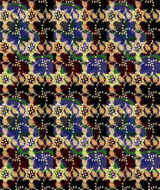 Renkli Bahar Temalı Kusursuz Arkaplan. Siyah ve kahverengi renkte çiçekler. Raster illüstrasyonu. Asya tekstil tarzında. Düz Çiçek Elementleri Tasarımı. Kusursuz çiçek deseni.