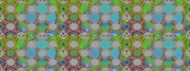 Raster illüstrasyonu. Küçük çiçekli kusursuz yay deseni. Suluboya tarzında yeşil renkler üzerine.