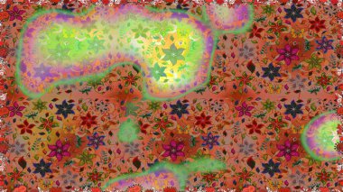 Patlayan çiçekler soyut olarak yerleştirilmiş. Raster deseni. Kahverengi ve yeşil renklerde bahar çiçekleri. Raster illüstrasyonu.