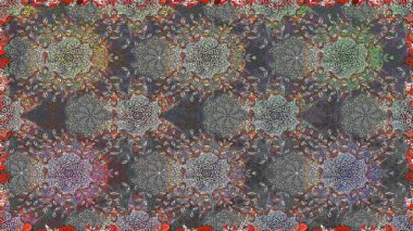 Patlayan çiçekler soyut olarak yerleştirilmiş. Gri ve kahverengi renklerde bahar çiçekleri. Raster illüstrasyonu. Raster deseni.