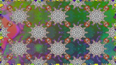 Küçük çiçekteki sevimli çiçek deseni. Varicologreen ve gri raster pürüzsüz illüstrasyon. Birçok yeşil ve gri soyut çiçekli tropikal, pürüzsüz desen.