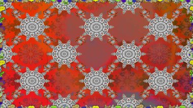 Düz Çiçek Elementleri Tasarımı. Renkli Bahar Temalı Kusursuz Arkaplan. Raster illüstrasyonunda kusursuz çiçek deseni. Kahverengi ve kırmızı renkte çiçekler.