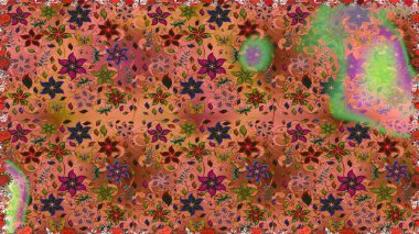 Raster Güzel kumaş deseni. Raster suluboya deseni, narin çiçekler, kahverengi ve turuncu çiçekler, tebrik kartı şablonu..