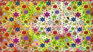Renkli Bahar Temalı Kusursuz Arkaplan. Düz Çiçek Elementleri Tasarımı. Sarı ve bej renkli çiçekler. Raster illüstrasyonu. Kusursuz çiçek deseni. Asya tekstil tarzında.