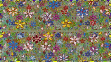 Çiçeklerle suluboya desenli çiçek deseni. Yeşil ve nötr renklerde Asya tekstil tarzında. Raster illüstrasyonu.